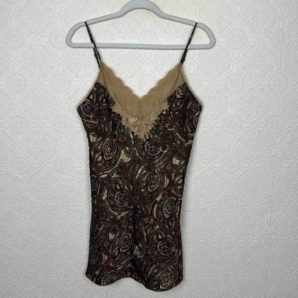 Vintage 90s Victorias Secret‎ Slip Dress Dark Academia Red Green Gold Silky Mini